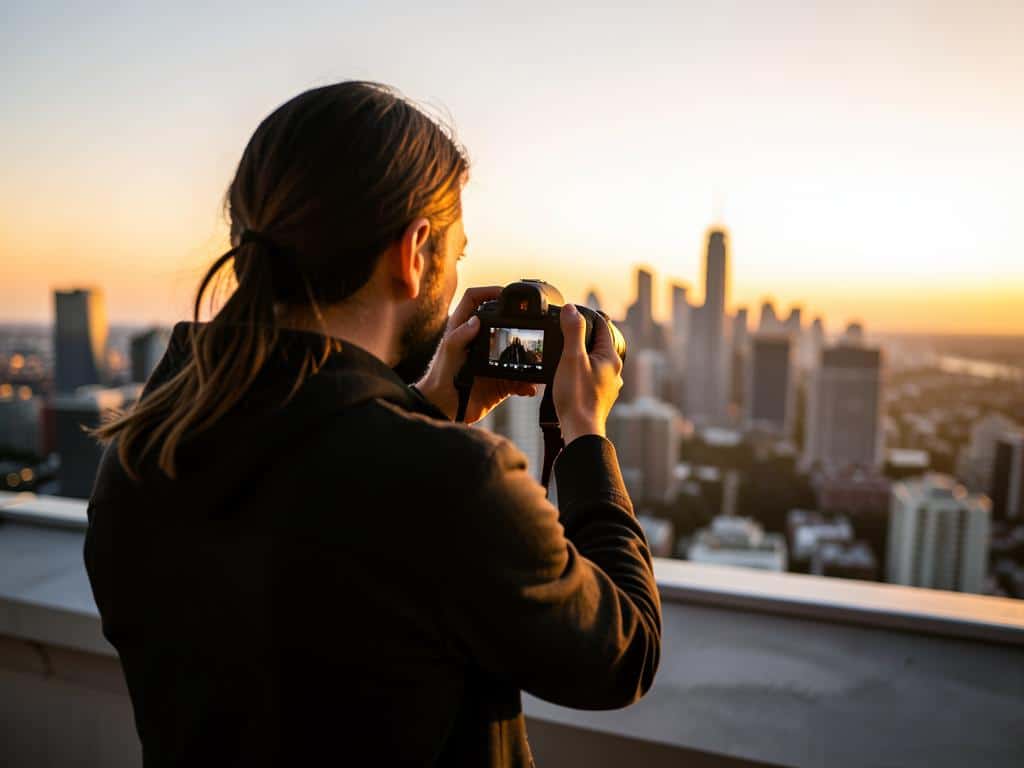Fotógrafo registrando a cidade ao pôr do sol